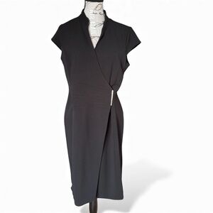 Calvin Klein Black Cap-Sleeve Faux-Wrap Sheath Dress – Size 12